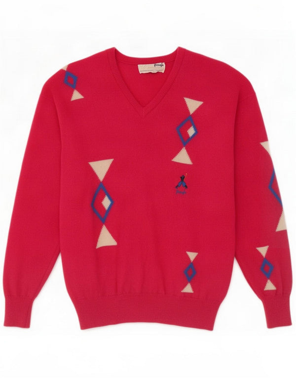 Pringle Mens V-Neck Jumper Sweater Medium Pink Geometric Wool