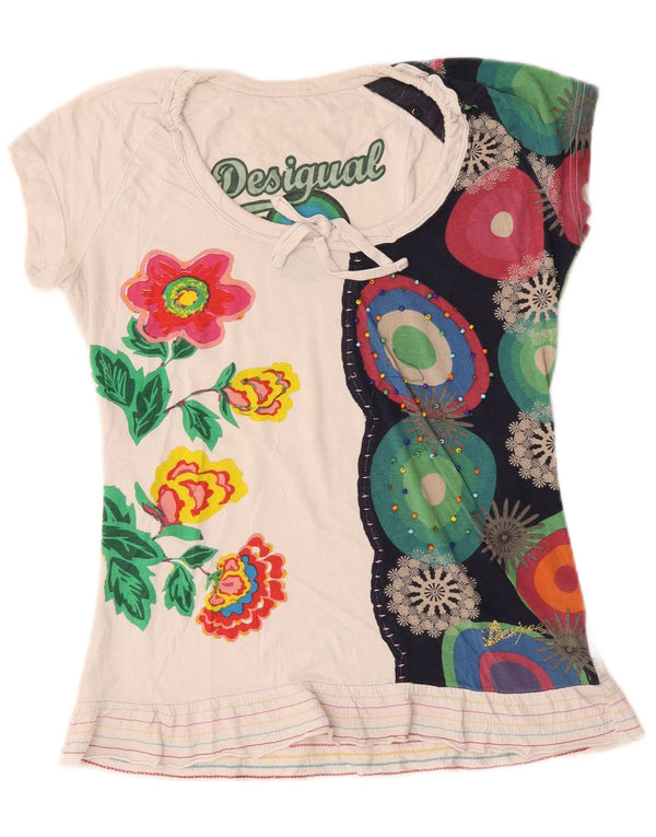 Tricou grafic Desigual pentru femei Top UK 14, mare, alb, cu flori din bumbac