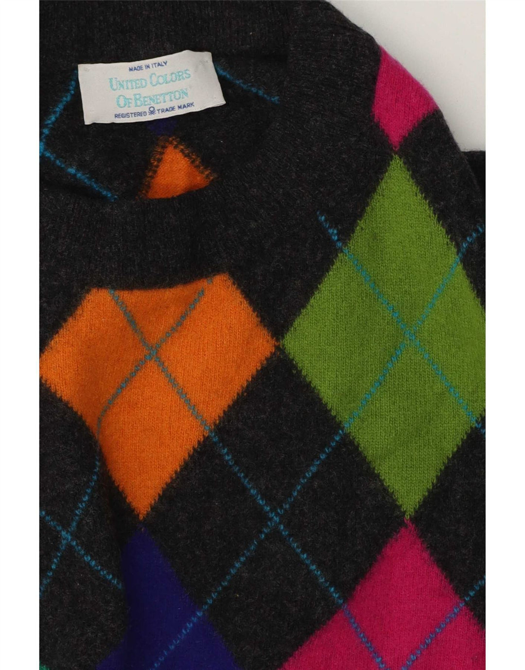 Pulover Benetton pentru bărbați cu gât roșu IT 50 Medium Gri Argyle/Diamond