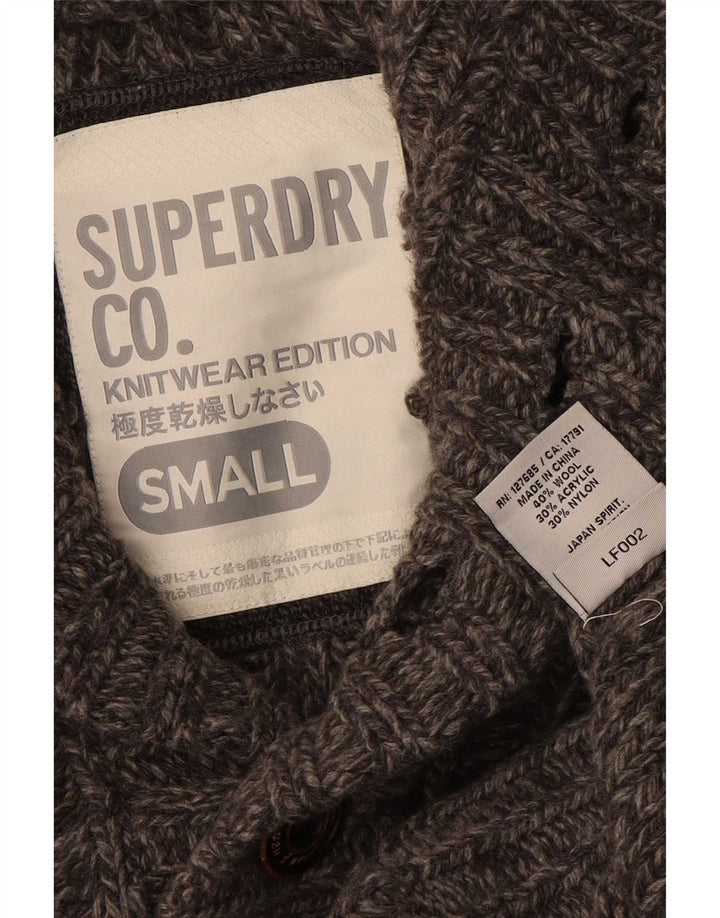 Pulover Superdry pentru bărbați cu gât cu nasturi, lână mică, gri