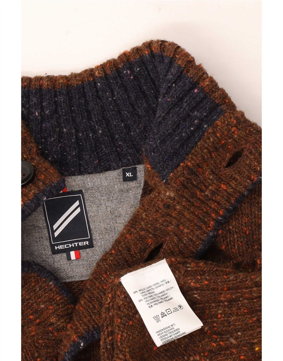 Pulover vintage pentru bărbați cu gât cu nasturi, XL, lână maro cu pete
