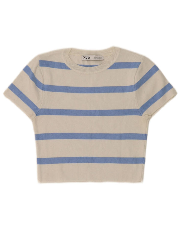 Zara Womens Crop Crew Neck Jumper Sweater UK 12 Medium White Striped