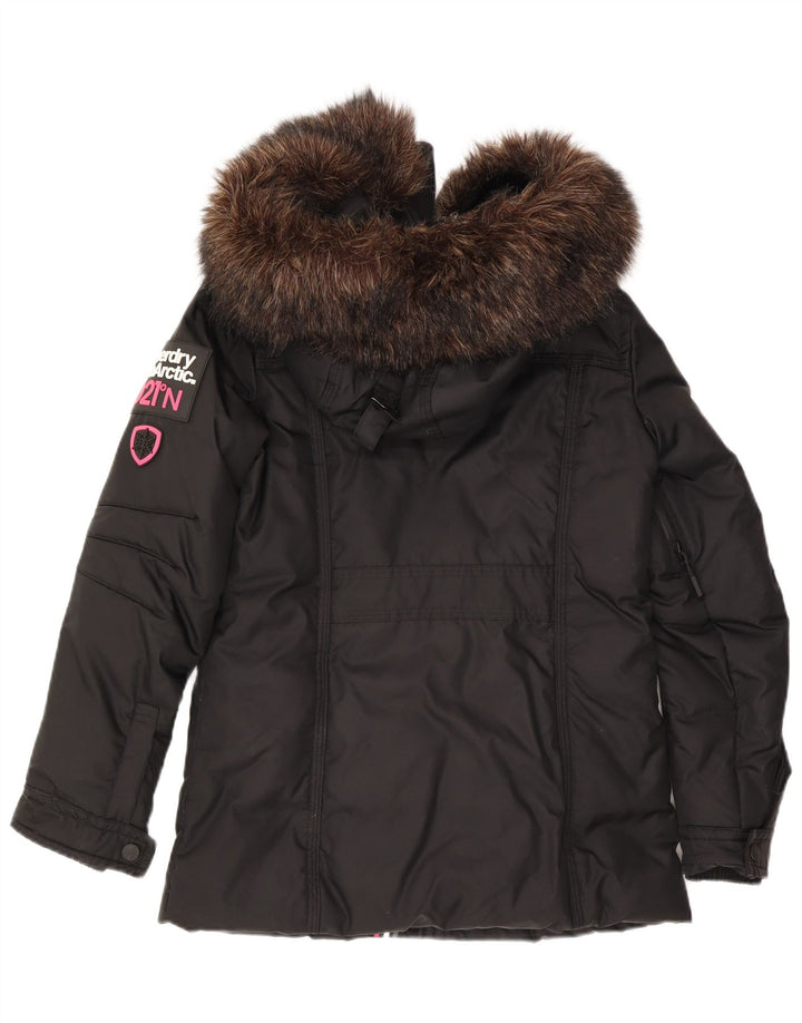 Jachetă căptușită grafică cu glugă Superdry pentru femei UK 10 Small Black Nylon