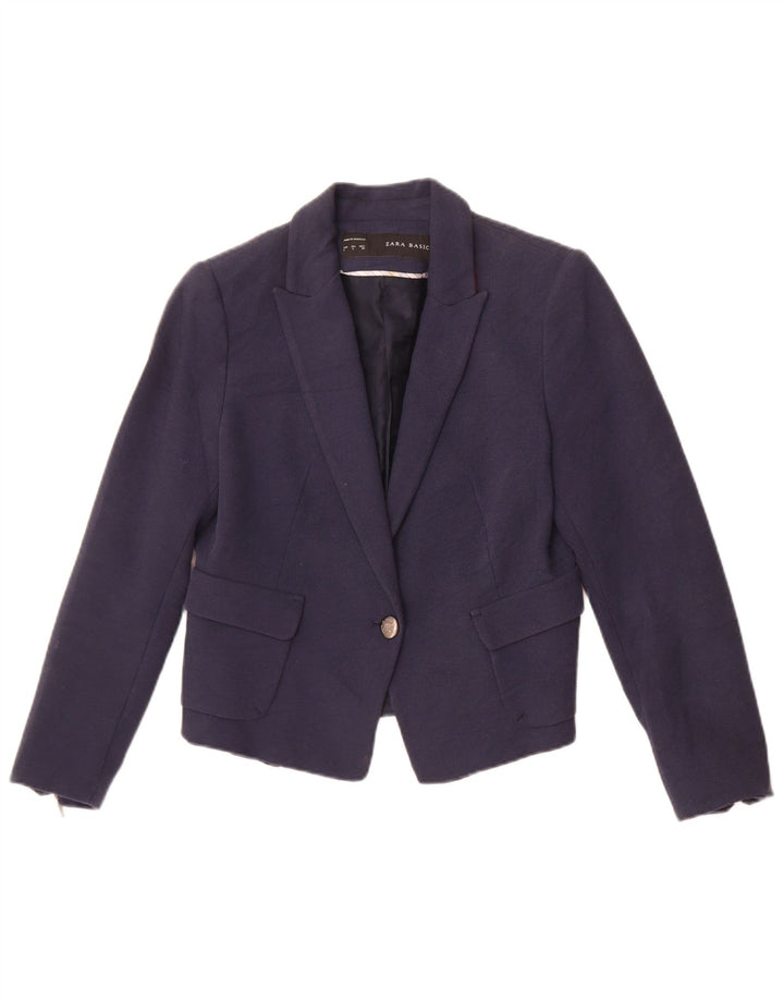 Jachetă pentru femei Zara Crop 1 Button Blazer UK 14 Mare Bumbac bleumarin