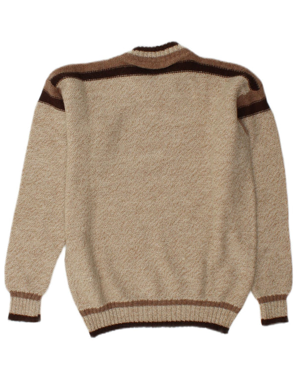 Pulover vintage pentru bărbați cu gât roșu, mediu bej, acrilic colorat