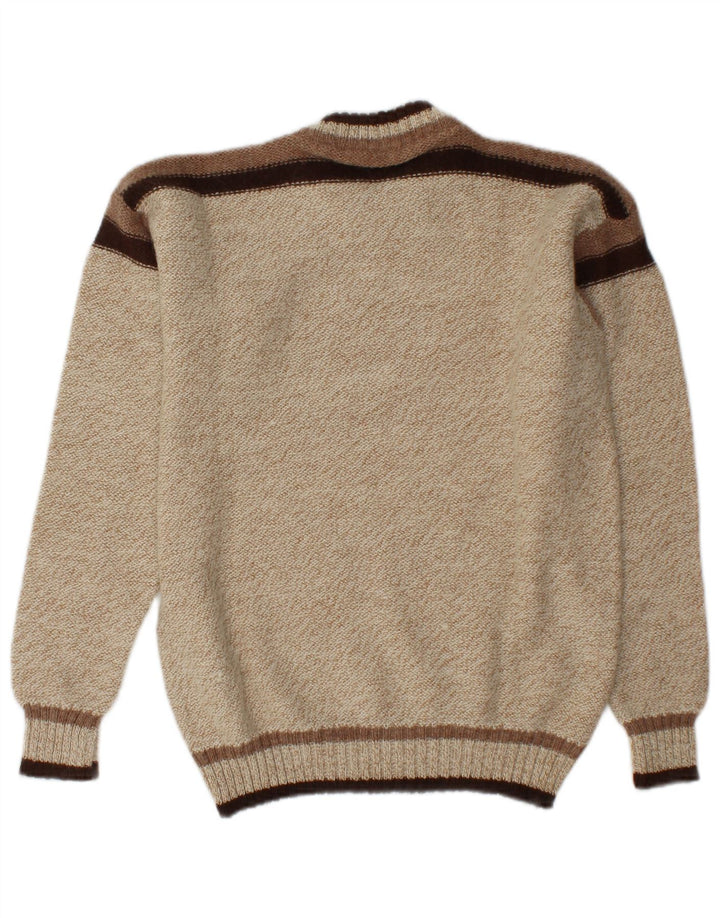 Pulover vintage pentru bărbați cu gât roșu, mediu bej, acrilic colorat