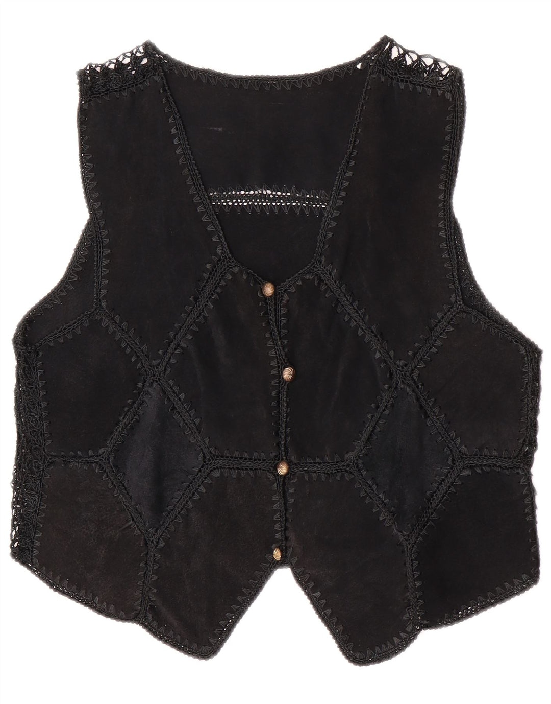 Vestă de damă vintage din piele intoarsa UK 14 Medium Black Patchwork