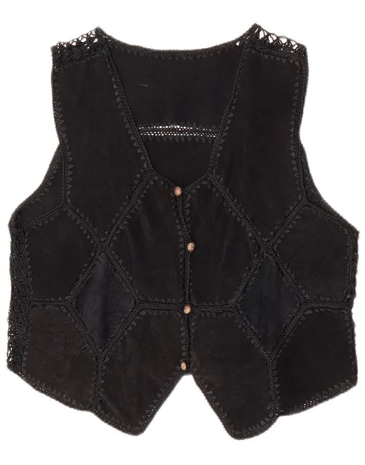 Vestă de damă vintage din piele intoarsa UK 14 Medium Black Patchwork
