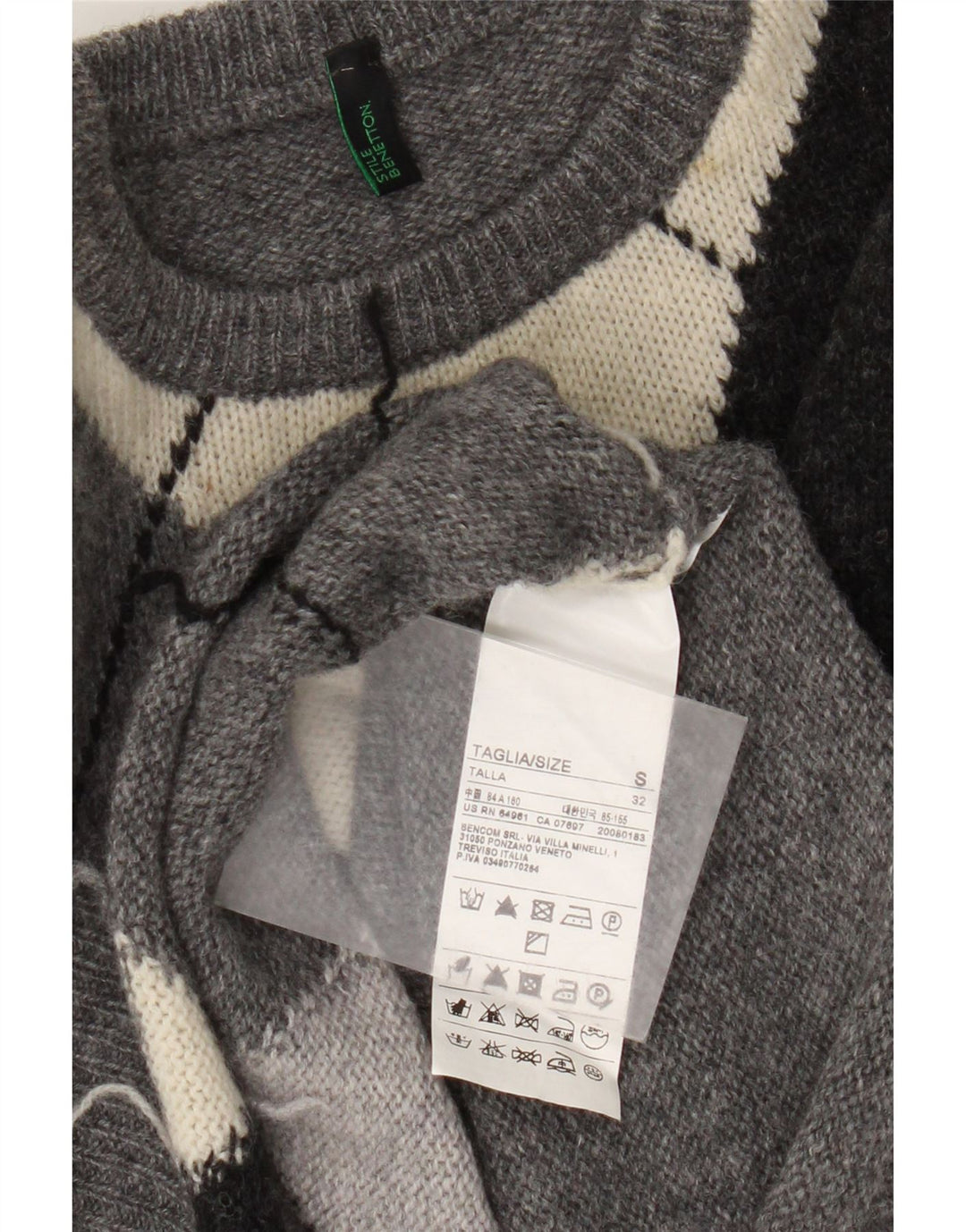 Pulover Benetton pentru femei cu decolteu triplu UK 10 Small Gri Argyle/Diamond