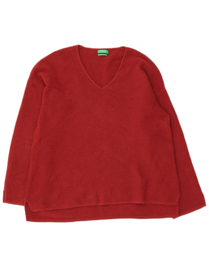 Pulover cu decolteu în V Benetton pentru femei UK 10 Lână virgină roșie mică