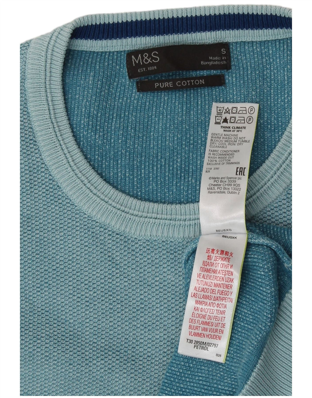 Pulover pentru bărbați Marks & Spencer cu gât roșu, bumbac mic turcoaz