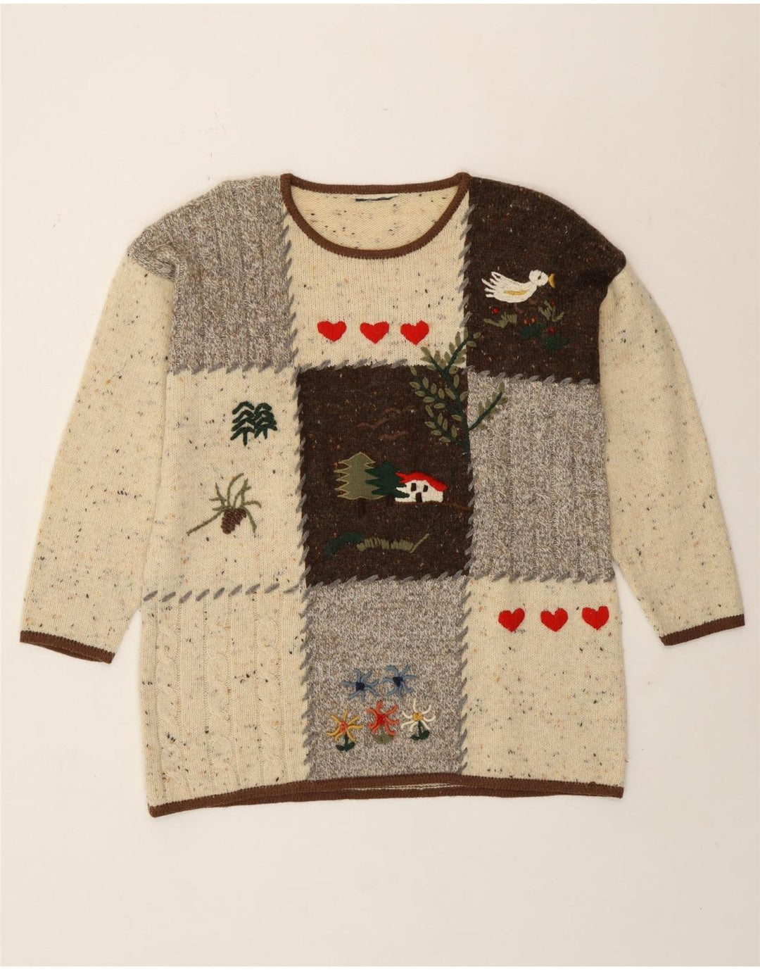 Pulover vintage pentru femei cu decolteu rotund UK 16 mare, bej, mozaic, noutate