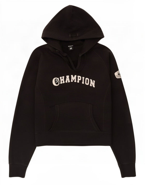 Champion Womens Graphic Hoodie Jumper UK 12 Medium Black Cotton