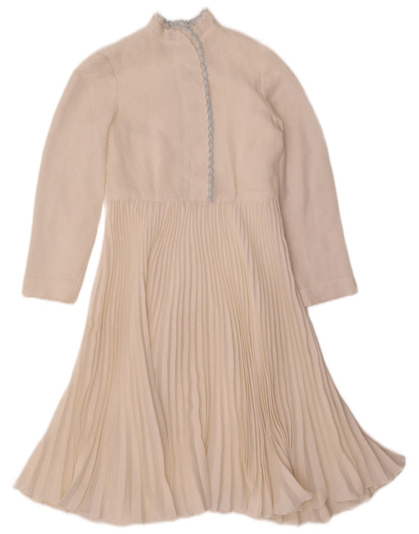 Vintage Womens 3/4 Sleeve A-Line Dress UK 4 XS Beige Check Polyester