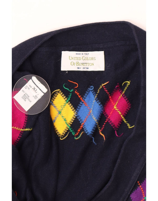 Pulover cardigan pentru bărbați Benetton XL, albastru marin Argyle/Diamond Bumbac