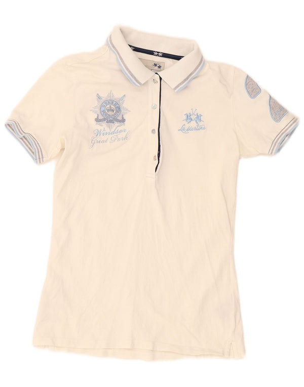 Tricou polo grafic pentru femei La Martina US 1 XS, alb, bloc de culoare
