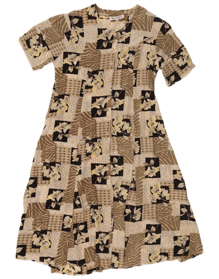 Rochie de ceai vintage pentru femei UK 14 Medium Beige Patchwork Matase