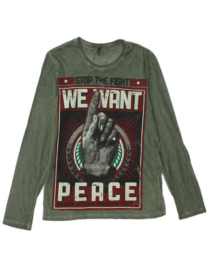 BENETTON Top grafic pentru bărbați cu mânecă lungă din bumbac verde mic