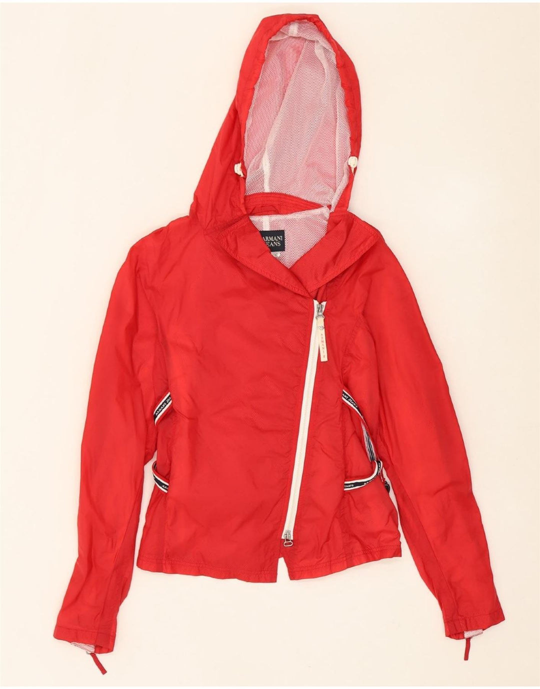 ARMANI JEANS Womens Crop Hooded Rain Jacket UK 12 Medium Red Polyamide Vintage Armani Jeans and Second-Hand Armani Jeans from Messina Hembry 