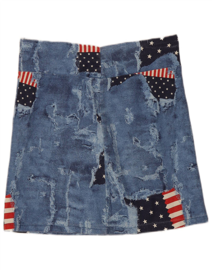 Fusta mini vintage pentru femei distressed Medium W28 Blue Patchwork Bumbac SUA