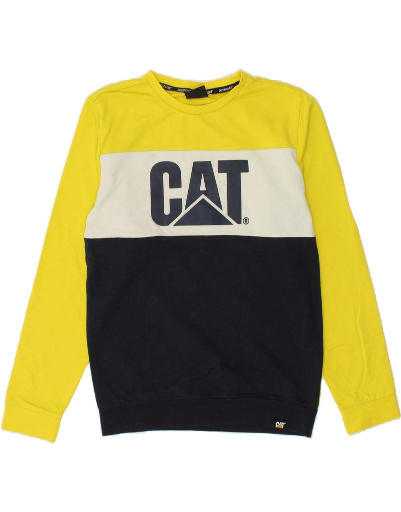 CATERPILLAR Boys Graphic Sweatshirt Jumper 15-16 Years Yellow Colourblock Vintage Caterpillar and Second-Hand Caterpillar from Messina Hembry 