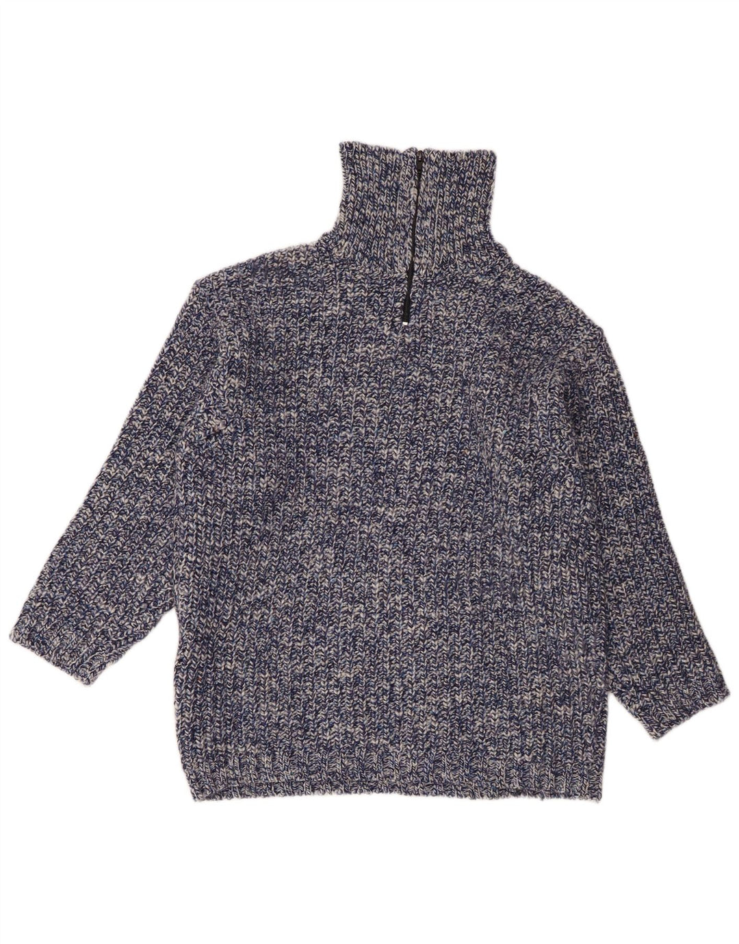 Pulover vintage pentru bărbați, cu fermoar, cu gât, lână mare, albastru cu pete