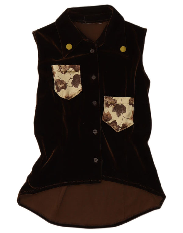 Bluză cămașă fără mâneci din velur pentru femei VINTAGE UK 12 Maro mediu Floral