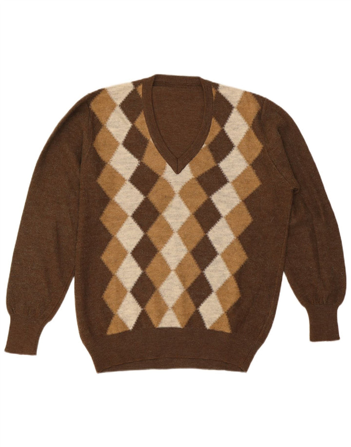 Pulover vintage pentru bărbați cu decolteu în V, mare, maro, Argyle/Diamond