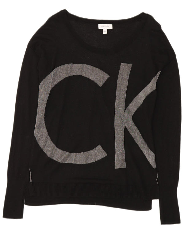 CALVIN KLEIN Pulover pentru damă cu grafică cu gât barcă, UK 6 XS, viscoză neagră