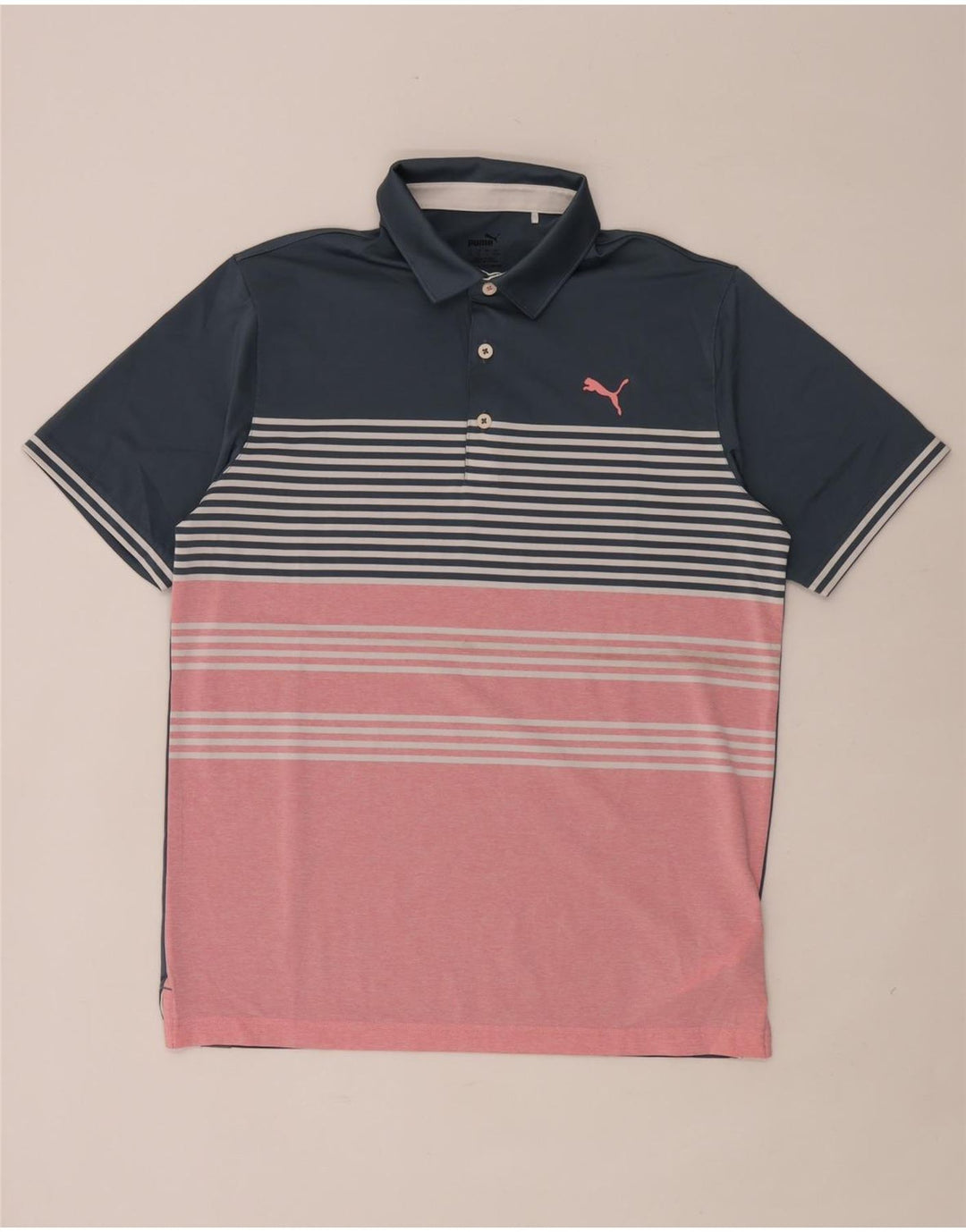Puma Mens Polo Shirt Medium Navy Blue Striped Polyester
