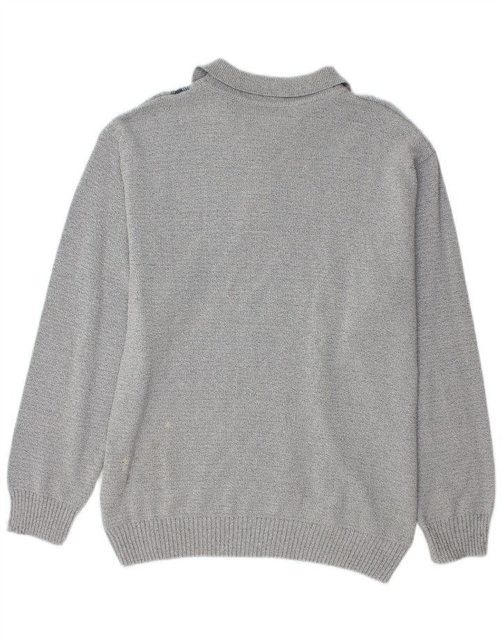 Pulover vintage cu gât polo pentru bărbați, gri mediu geometric