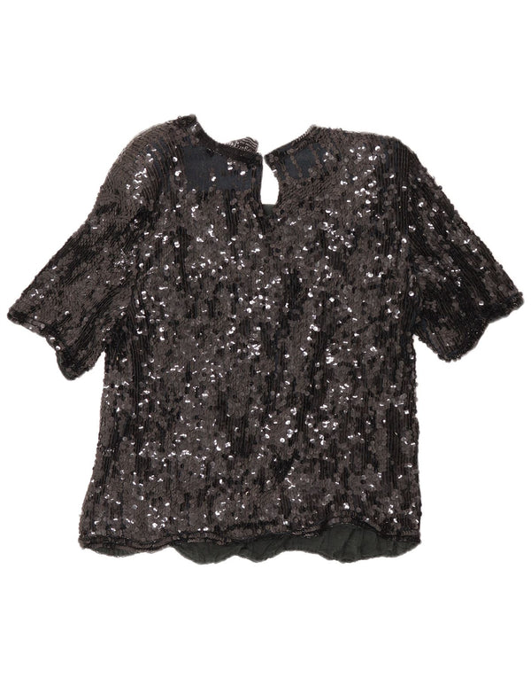 Bluză de seară cu paiete, vintage, pentru femei, UK 18 XL, mătase florală neagră