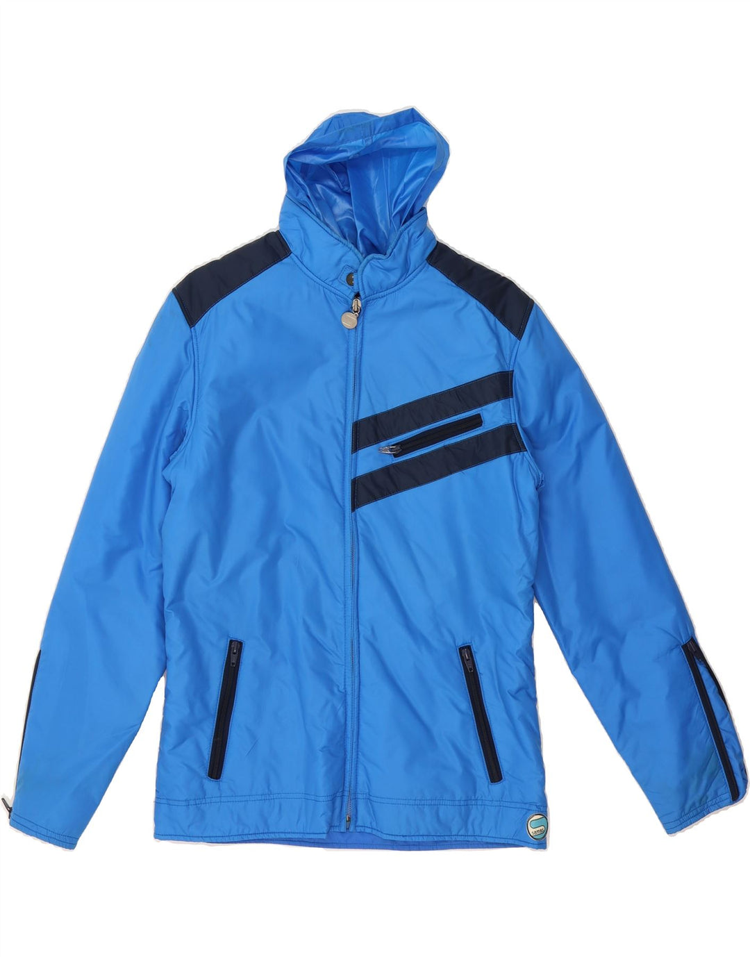 SAMAS Mens Hooded Rain Jacket IT 46 Small Blue Colourblock Polyamide Vintage Samas and Second-Hand Samas from Messina Hembry 