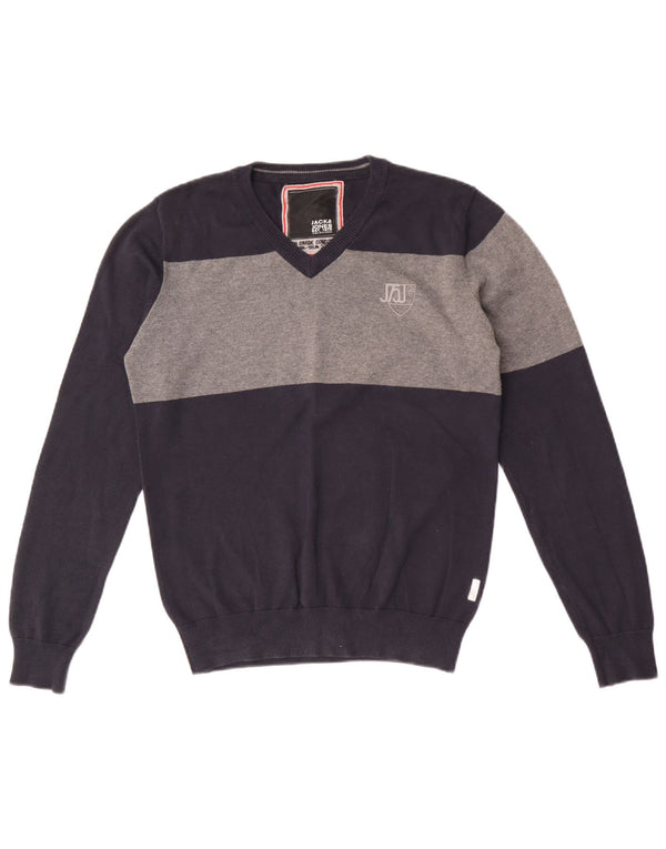 Pulover Jack & Jones pentru bărbați, cu decolteu în V, din bumbac color-block, albastru bleumarin mediu