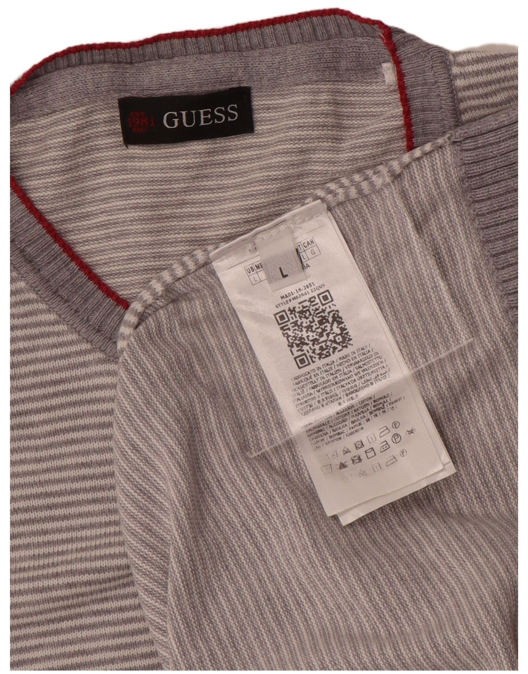 Pulover Guess pentru bărbați, cu gât crew, bumbac cu dungi mari, gri