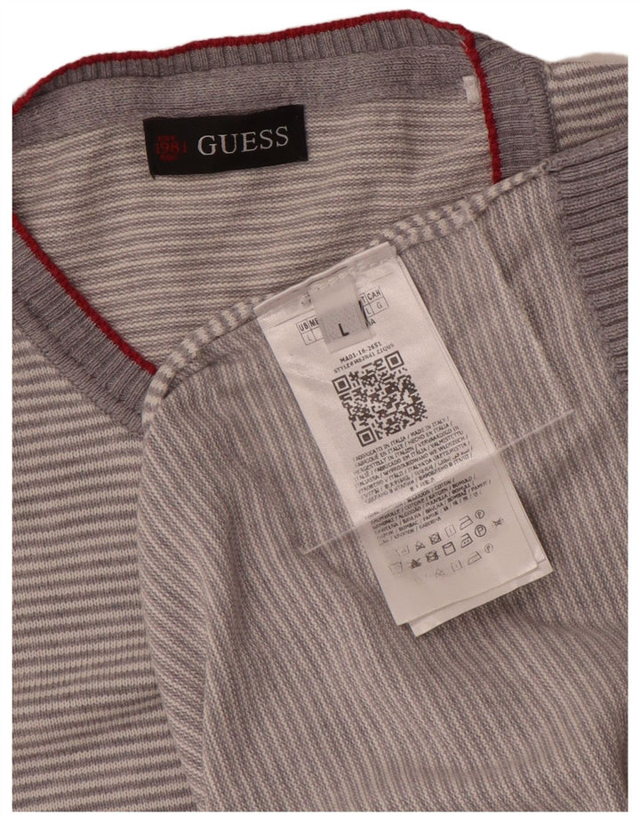 Pulover Guess pentru bărbați, cu gât crew, bumbac cu dungi mari, gri