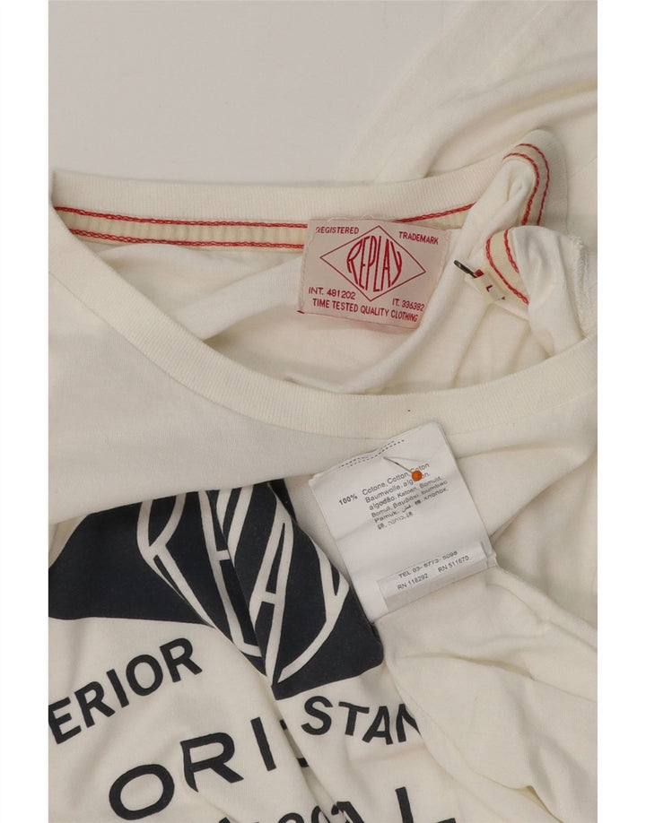 REPLAY Top grafic pentru bărbați cu mânecă lungă, mare, alb, bumbac