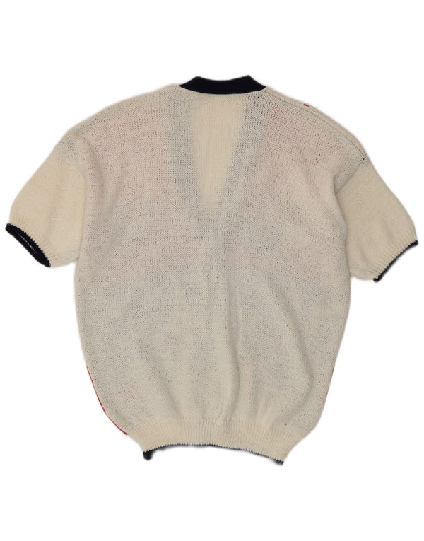 Pulover cardigan cu mânecă scurtă pentru femei VINTAGE UK 14, mare, alb, bloc de culoare