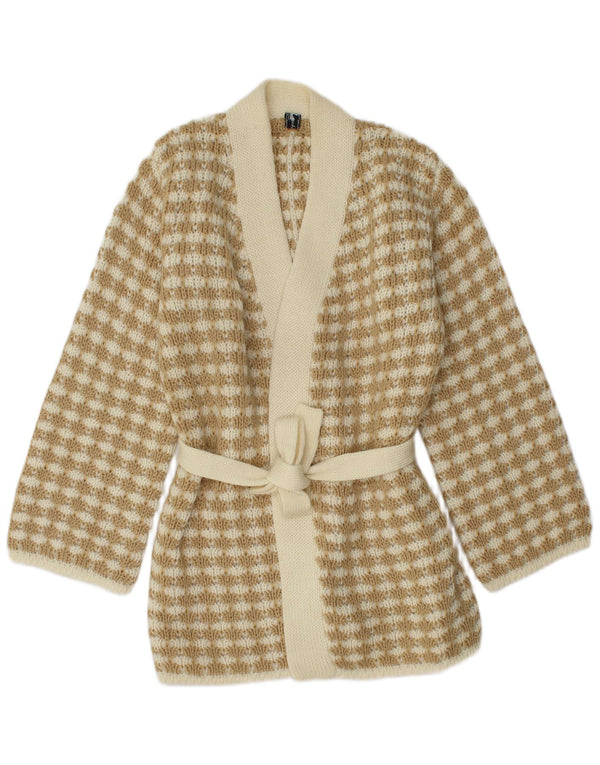 Pulover cardigan cu paragate vintage pentru femei UK 14 Medium Beige Check Acrylic