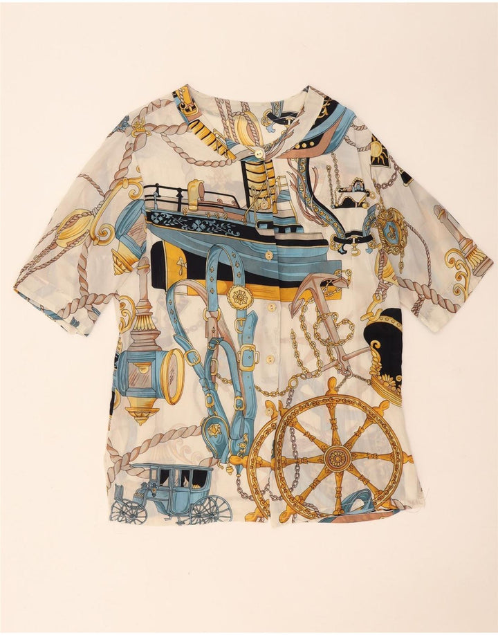 Bluză cămașă cu mânecă scurtă pentru femei vintage cu model abstract, UK 14, mare, albă