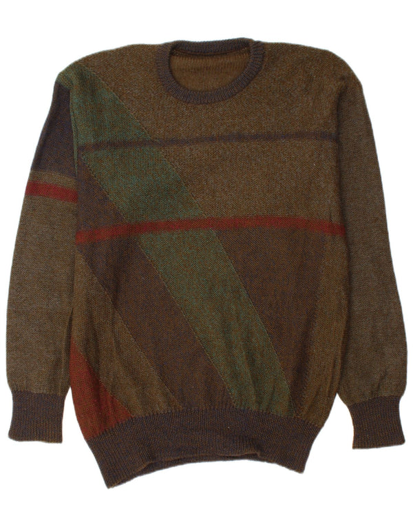 VINTAGE Mens Crew Neck Jumper Sweater Large Khaki Colourblock