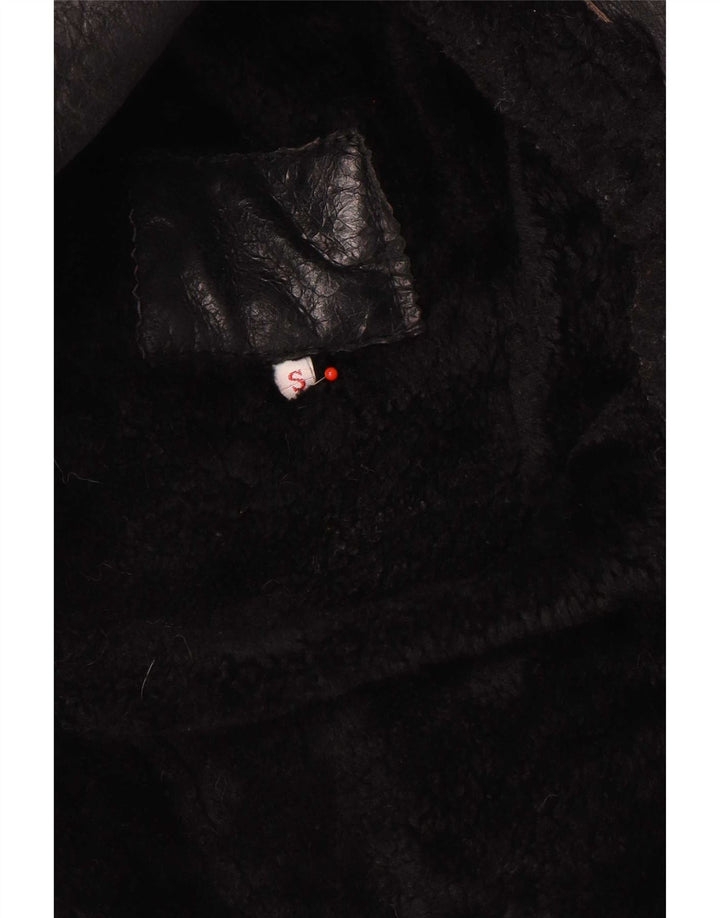 Palton din shearling cu glugă vintage pentru femei UK 10 mic negru iarnă