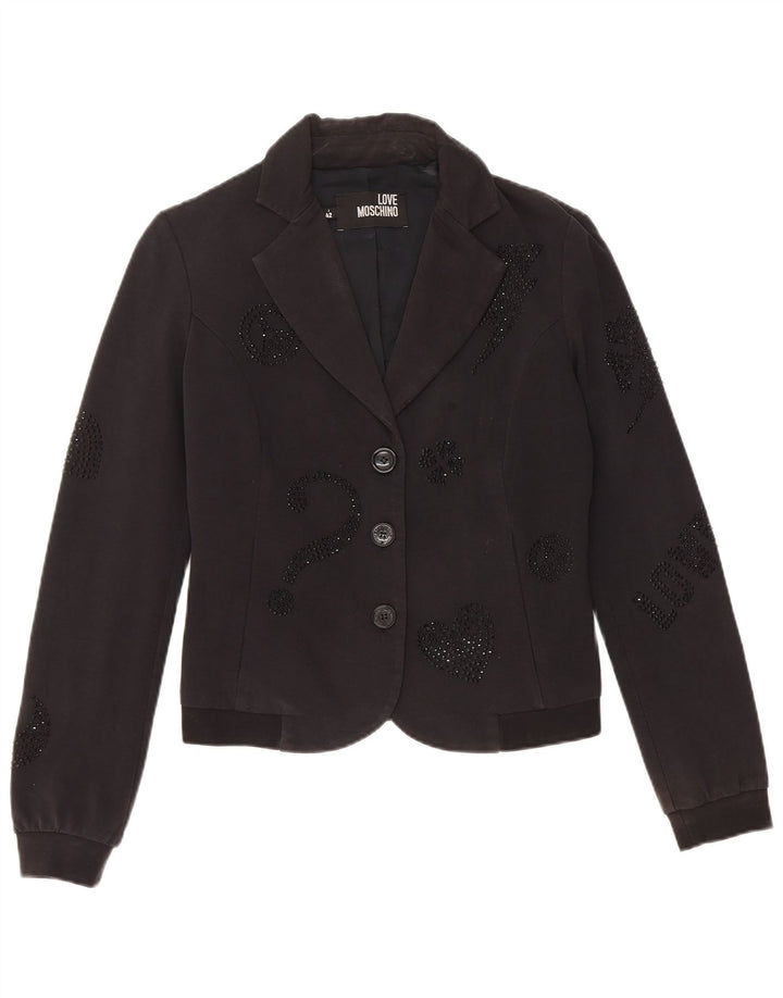 Sacou Moschino pentru femei Crop Graphic 3 Button Blazer UK 10 Small Black