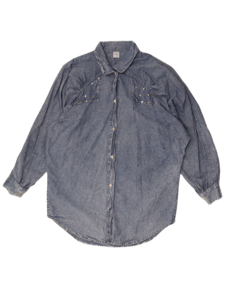 Cămașă vintage de denim supradimensionată pentru femei UK 14, bumbac albastru mediu