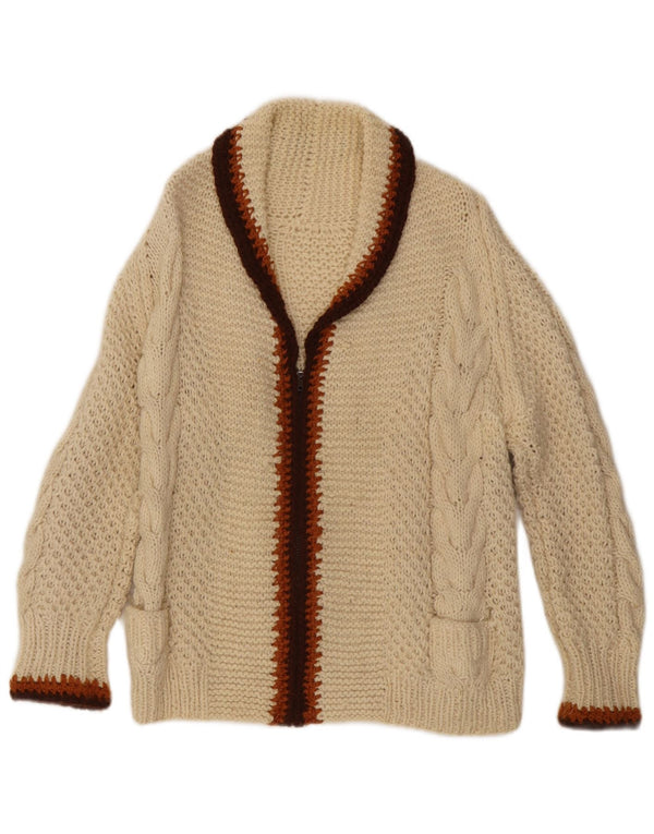 Pulover vintage cardigan pentru femei UK 14 Medium Off White Colorblock