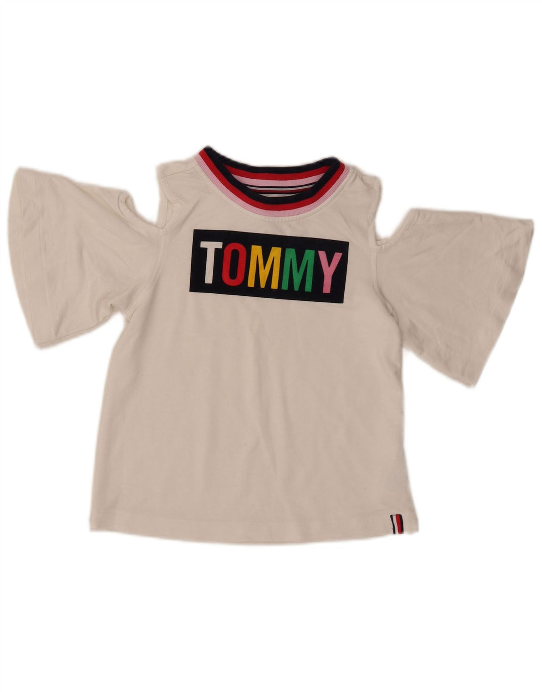 Top fete TOMMY HILFIGER cu umăr dezactivat cu grafic 8-9 ani, mediu alb