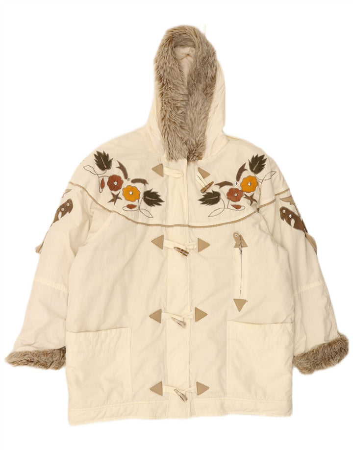 NO PROBLEM Womens Hooded Duffle Coat UK 20 2XL Off White Floral Polyester