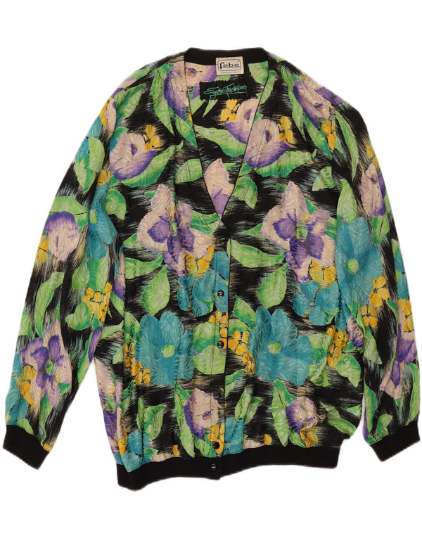 Bluză de cămașă supradimensionată pentru femei vintage UK 14 Medium Black Floral Silk