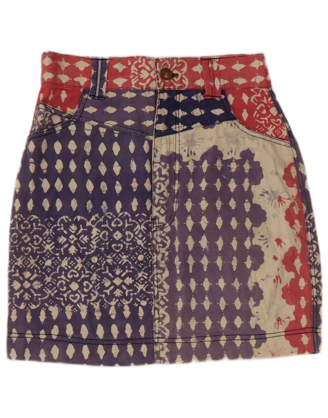 Fusta creion de denim cu model abstract pentru femei vintage, mare W28 bumbac albastru