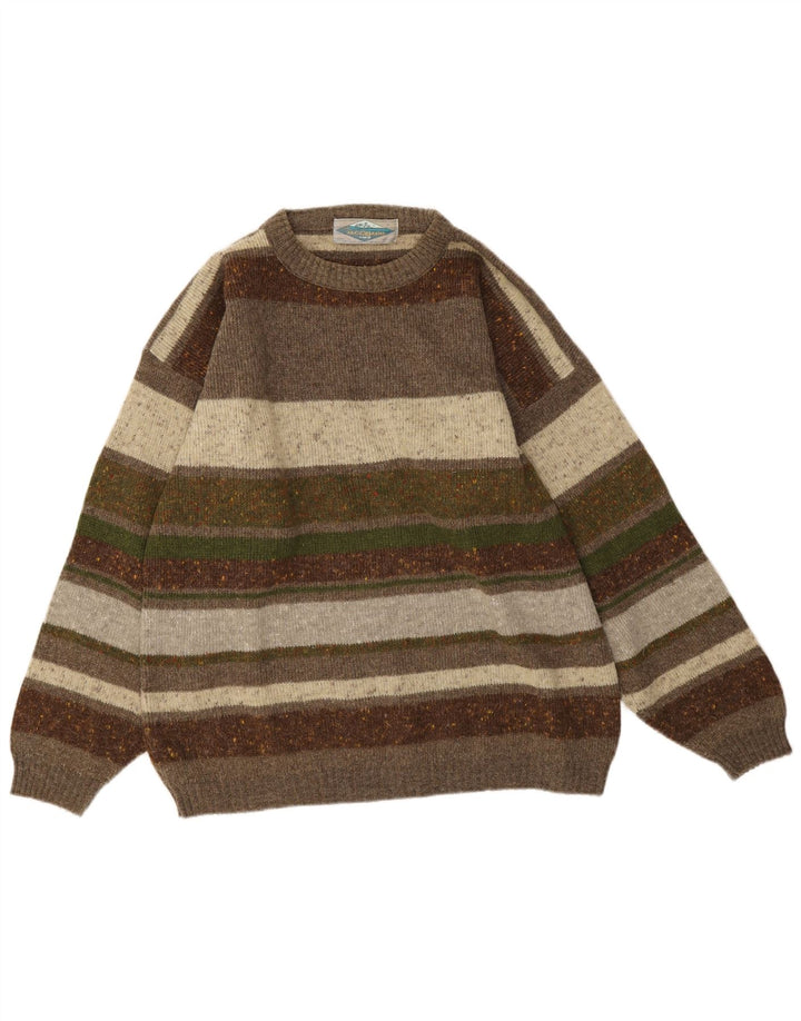 Pulover vintage pentru bărbați cu gâtul turnat, lână cu dungi kaki, mediu